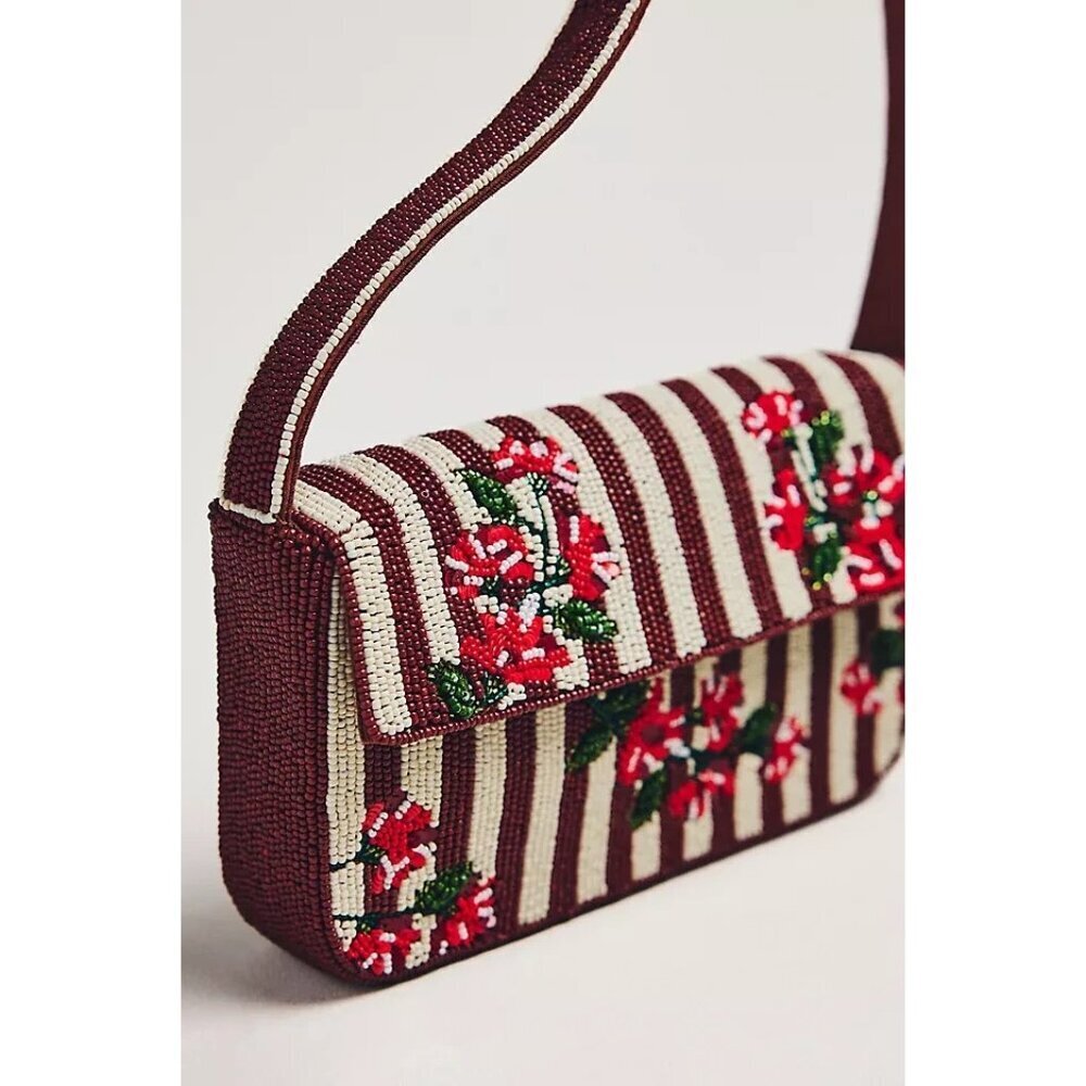 Anthropologie The Fiona Beaded Bag: Maroon Stripe Christmas Motif - Picture 2 of 4